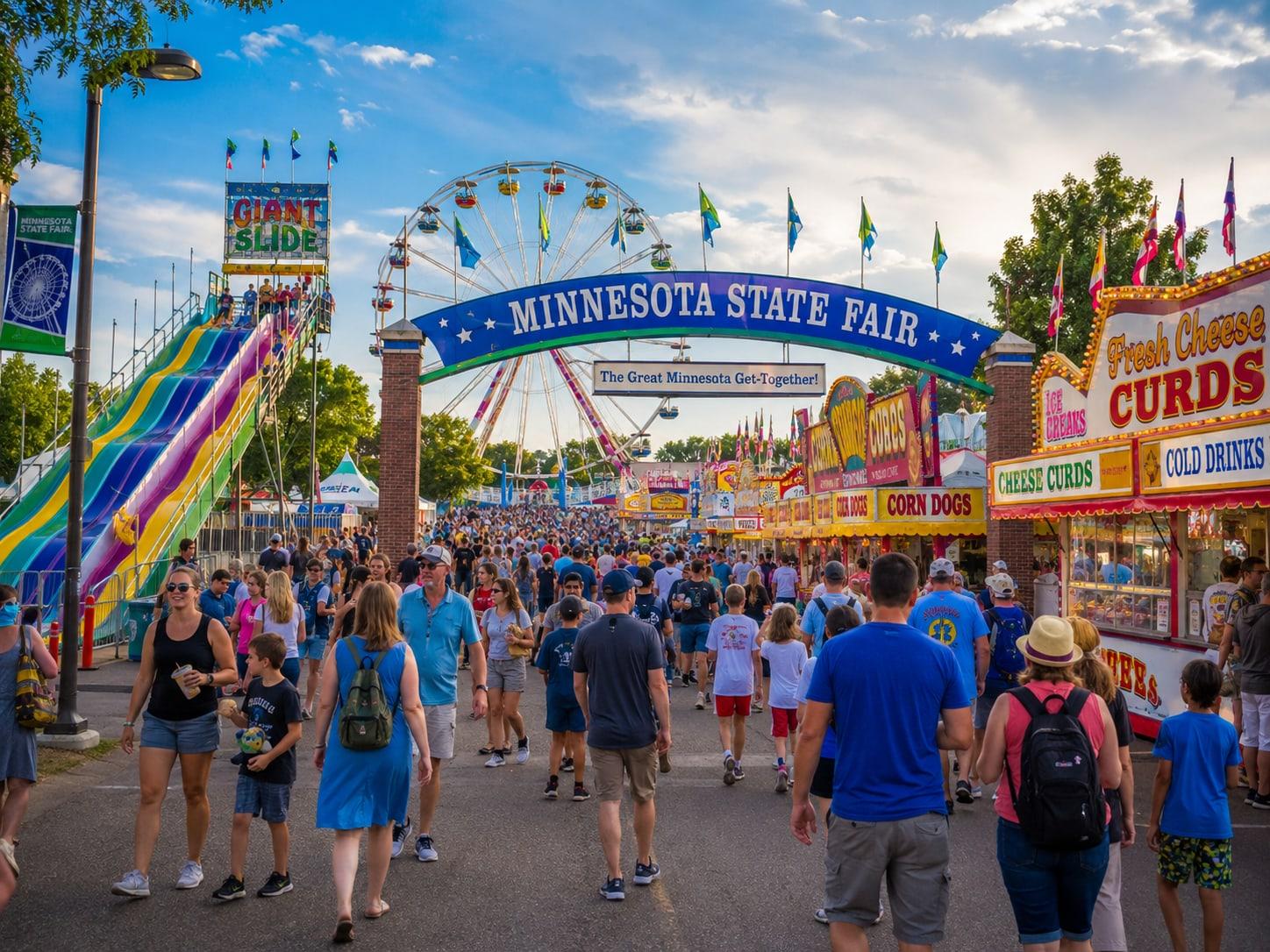 Crowds walking under the Minnesota State Fair arch past the Giant Slide and the Ferris wheel